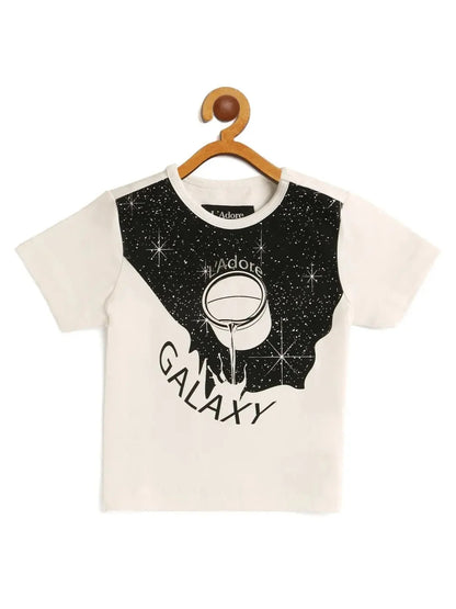 Kids White Galaxy Printed Round Neck Cotton T-shirt - Ladore