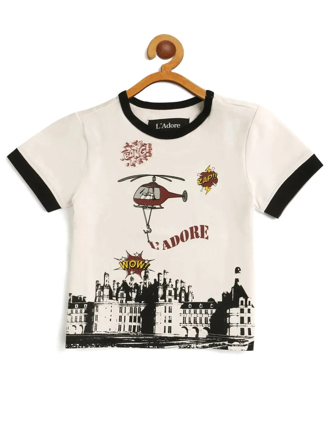 Kids White Helicopter Printed Round Neck Cotton T-shirt - Ladore