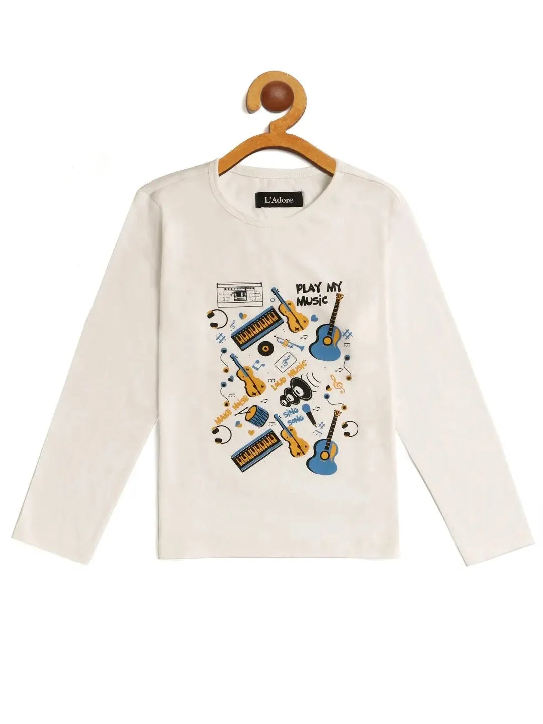 Kids White Music Printed Full Sleeves T-shirt - Ladore