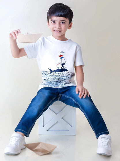 Kids White Surfer Printed Round Neck Cotton T-shirt - Ladore