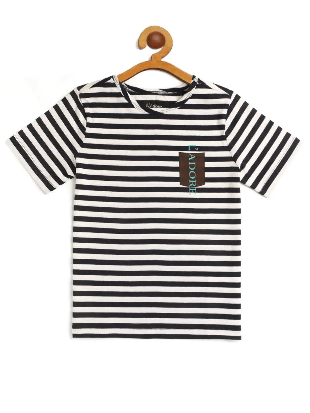 Kids White and Blue Striped Round Neck Organic Cotton T-shirt - Ladore