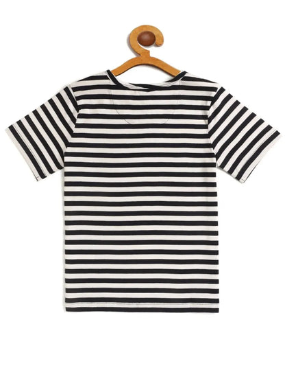 Kids White and Blue Striped Round Neck Organic Cotton T-shirt - Ladore