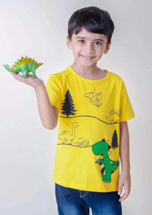 Kids Yellow Half Sleeves Dinosaurus Print Cotton T-shirt - Ladore