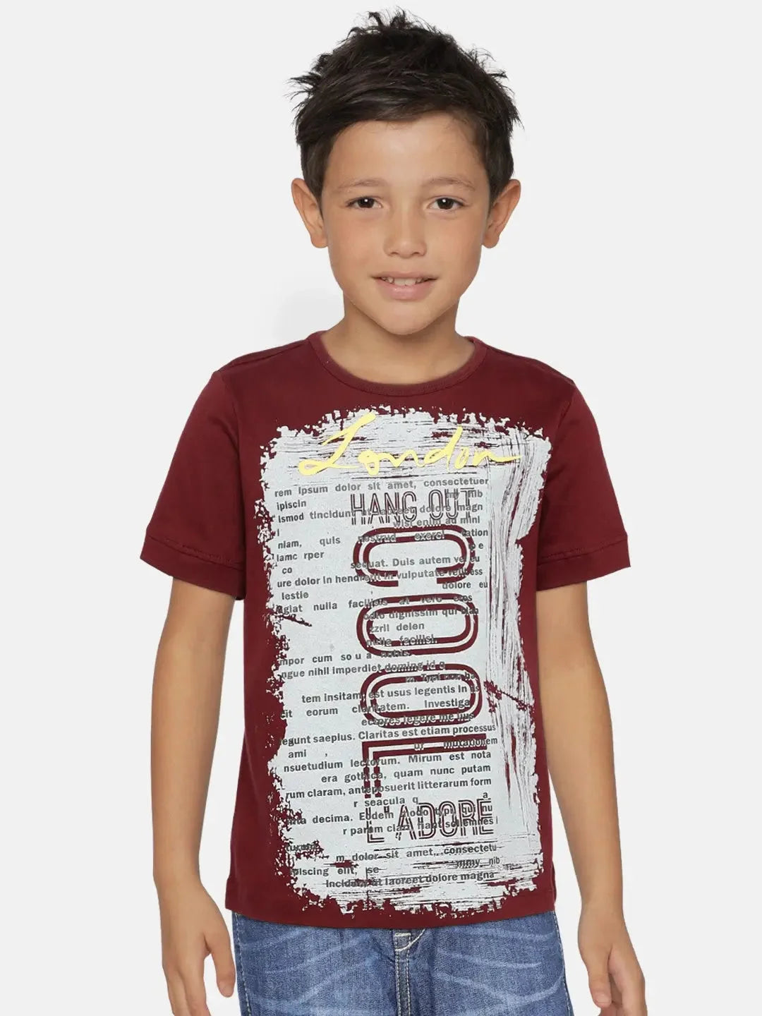 Maroon Cool Printed Round Neck Cotton T-shirt - Ladore