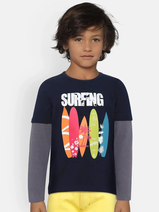 Navy Surfers Printed Colourblock Round Neck Cotton T-shirt - Ladore