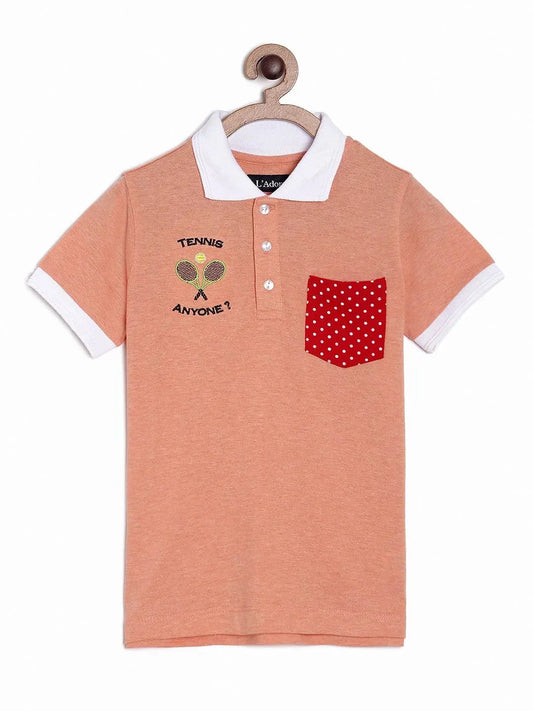 Orange Solid Polo Cotton T-shirt With Embroidery - Ladore