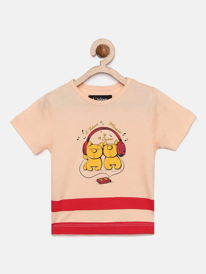 Peach Music Printed Round Neck Cotton T-shirt - Ladore