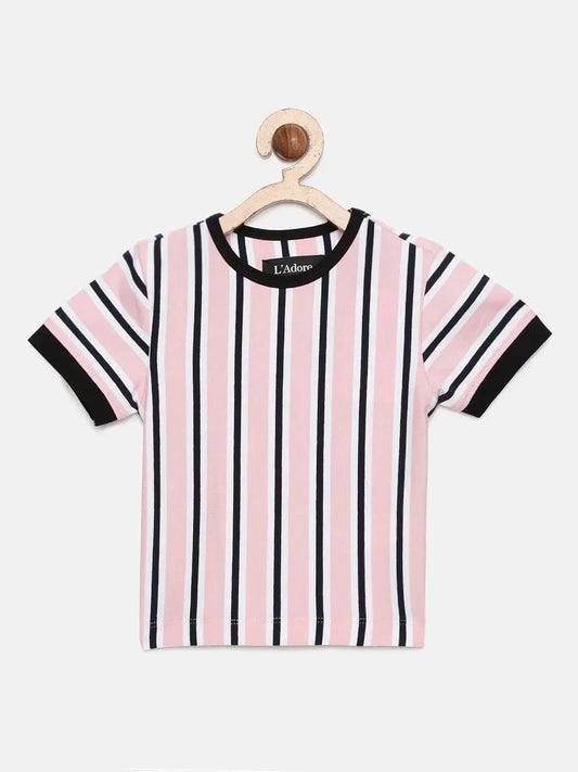 Pink Striped Round Neck Supima Cotton T-shirt - Ladore