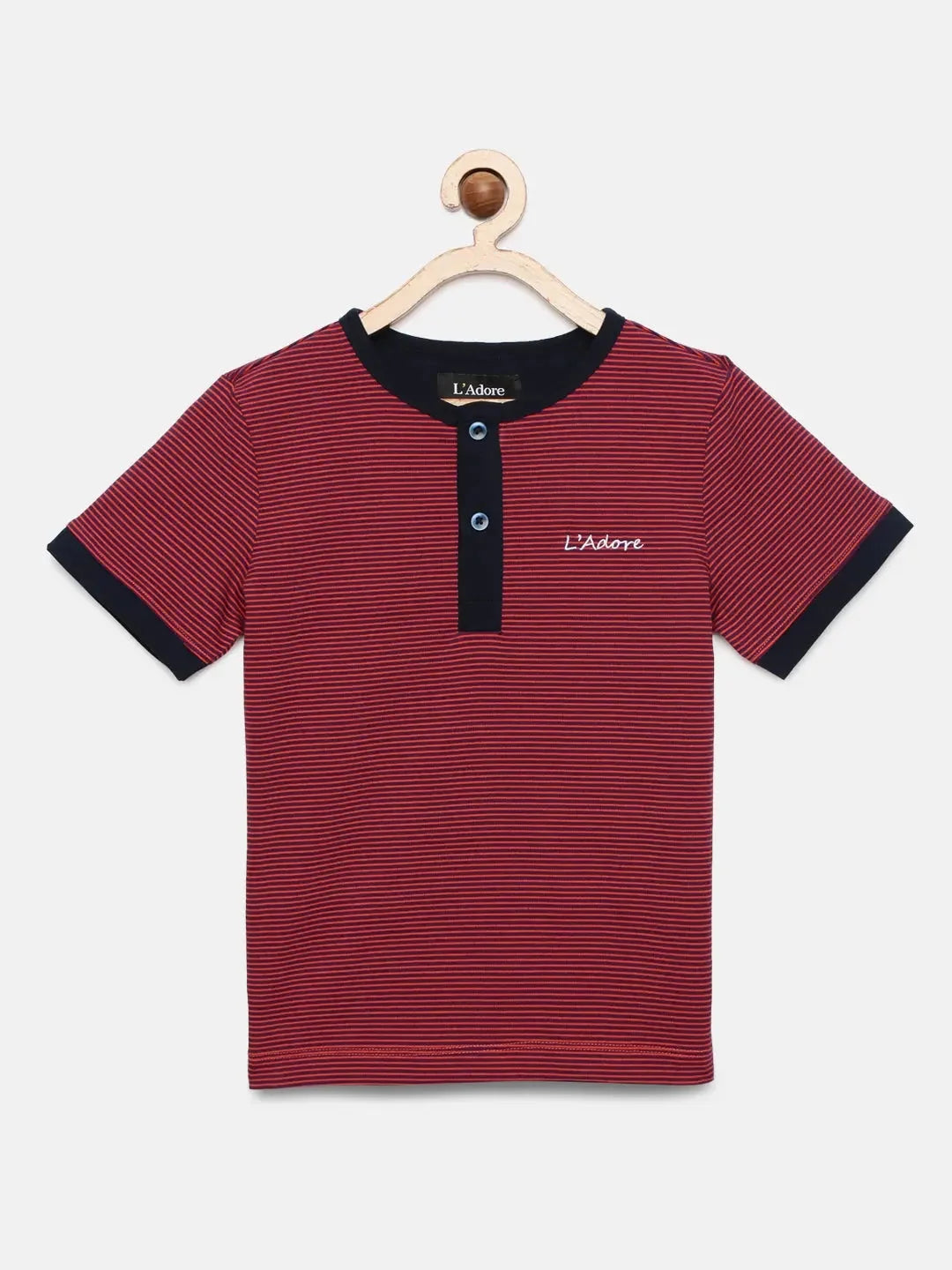 Purple Striped Henley Cotton T-shirt - Ladore