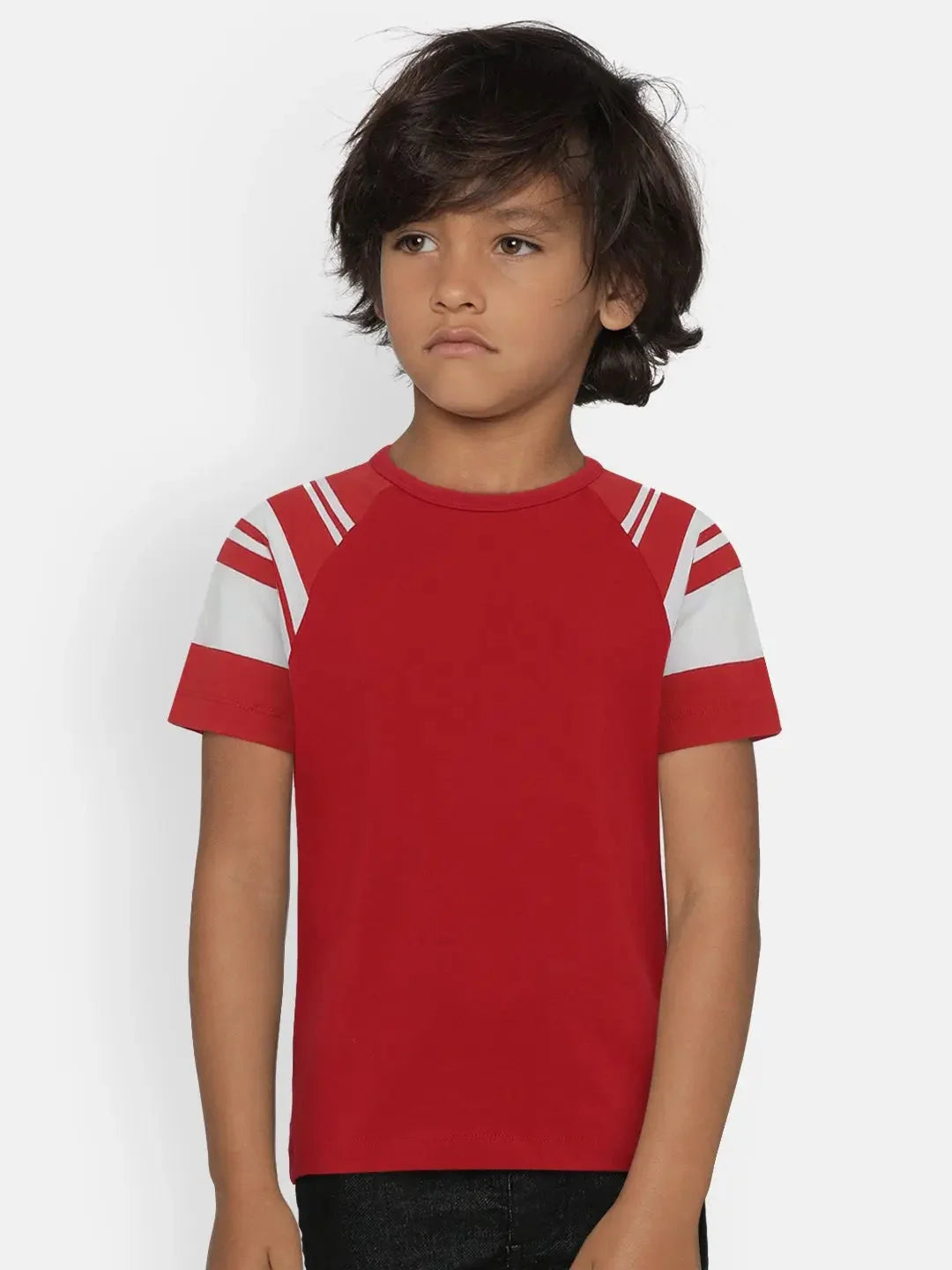 Red Colourblock Round Neck Cotton T-shirt - Ladore