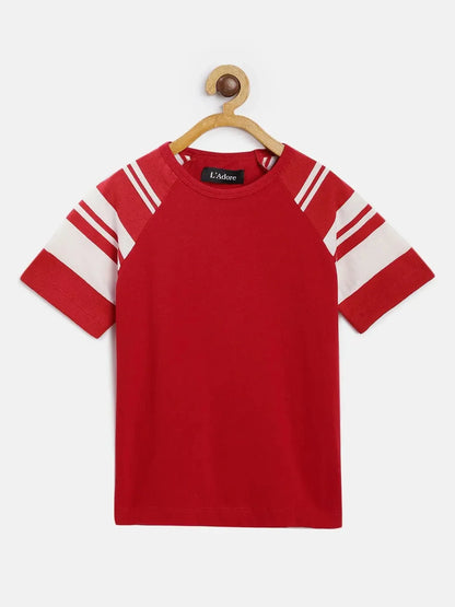 Red Colourblock Round Neck Cotton T-shirt - Ladore