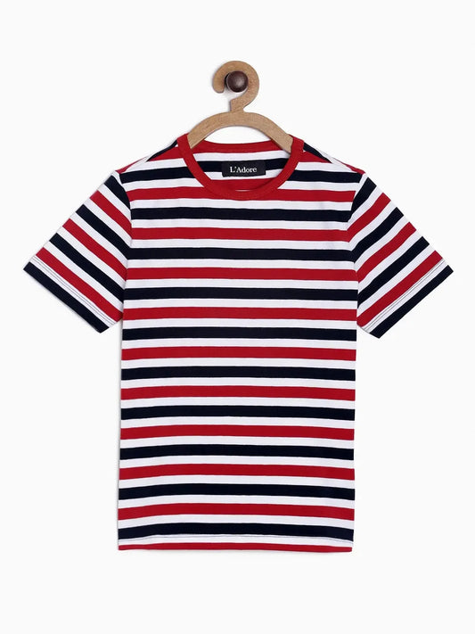 Red Striped Round Neck Cotton T-shirt - Ladore