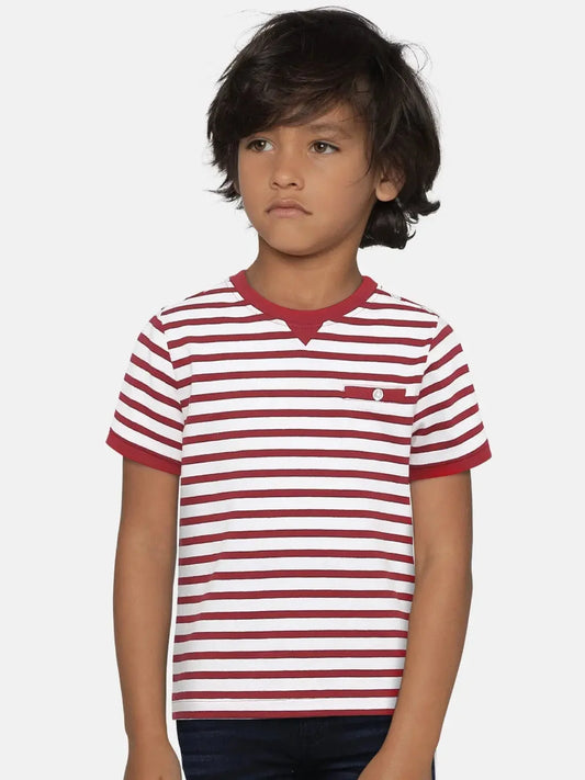 Red Striped Round Neck Supima Cotton T-shirt - Ladore