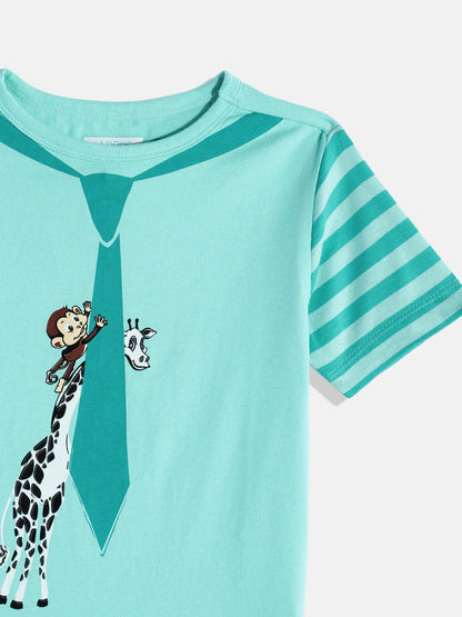 Sea Green Animal Tie Cotton Half Sleeves Tshirt - Ladore