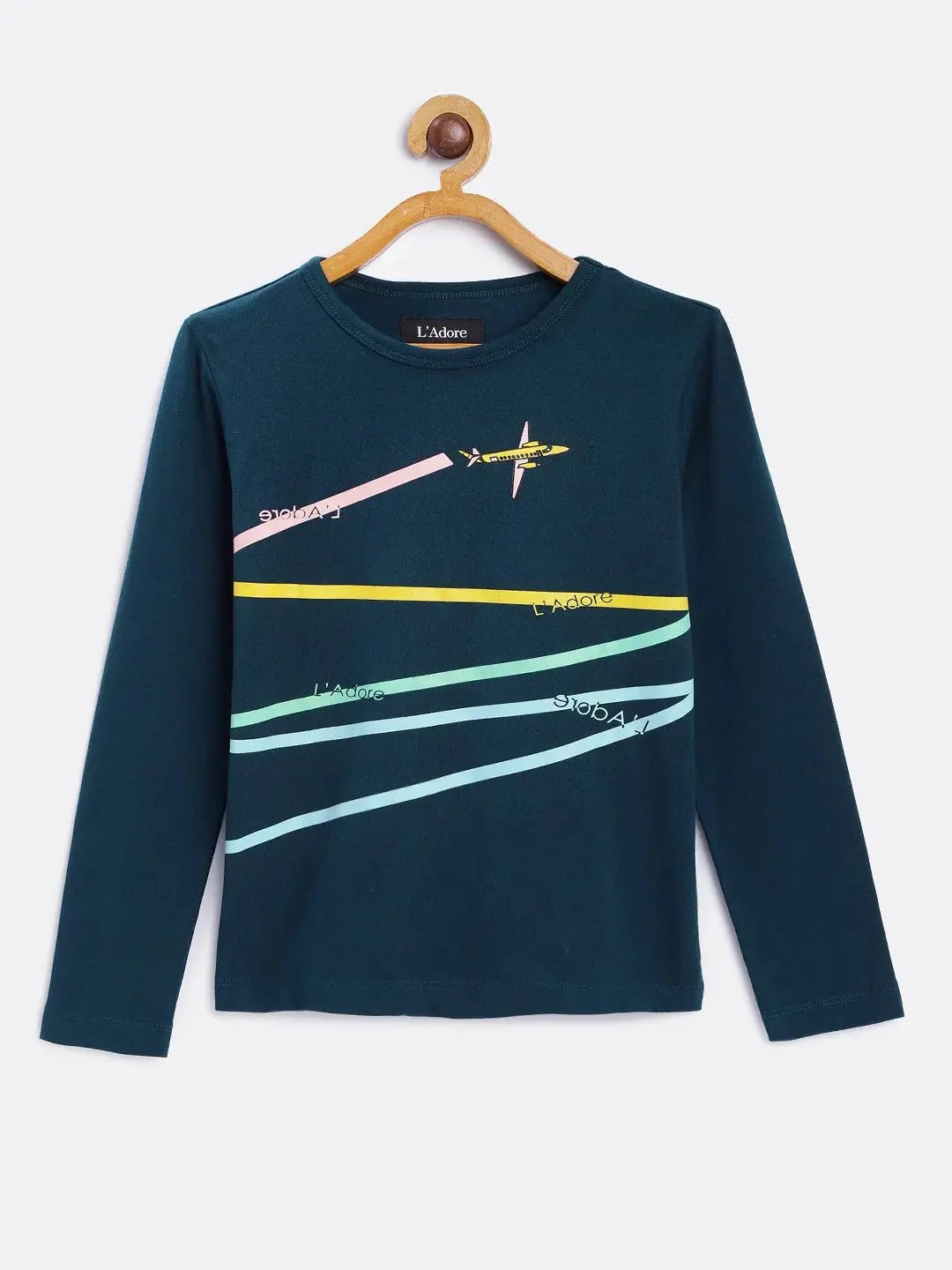 Teal Aircraft Route Printed Round Neck Cotton T-shirt - Ladore