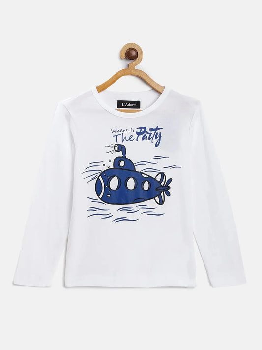 White Submarine Printed Round Neck Cotton T-shirt - Ladore