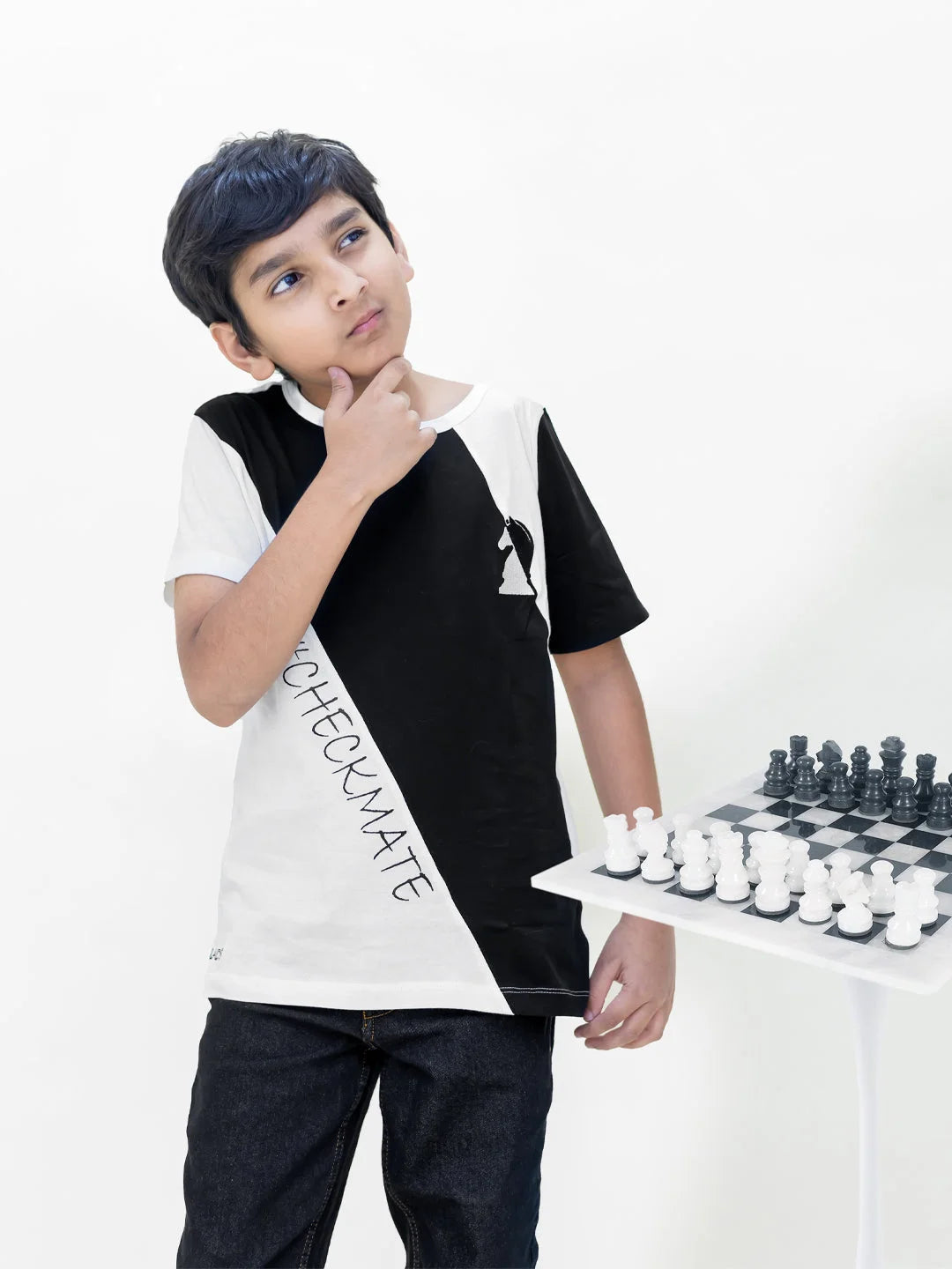 White and Black Embroidered Chess Cotton Half Sleeves Tshirt - Ladore