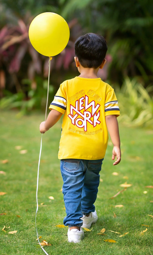 Yellow Patterned Round Neck Cotton T-shirt - Ladore