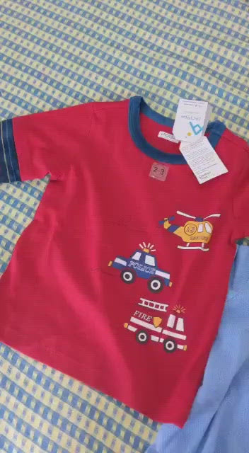 Kids Red Full Sleeves Vehicles Cotton T-shirt