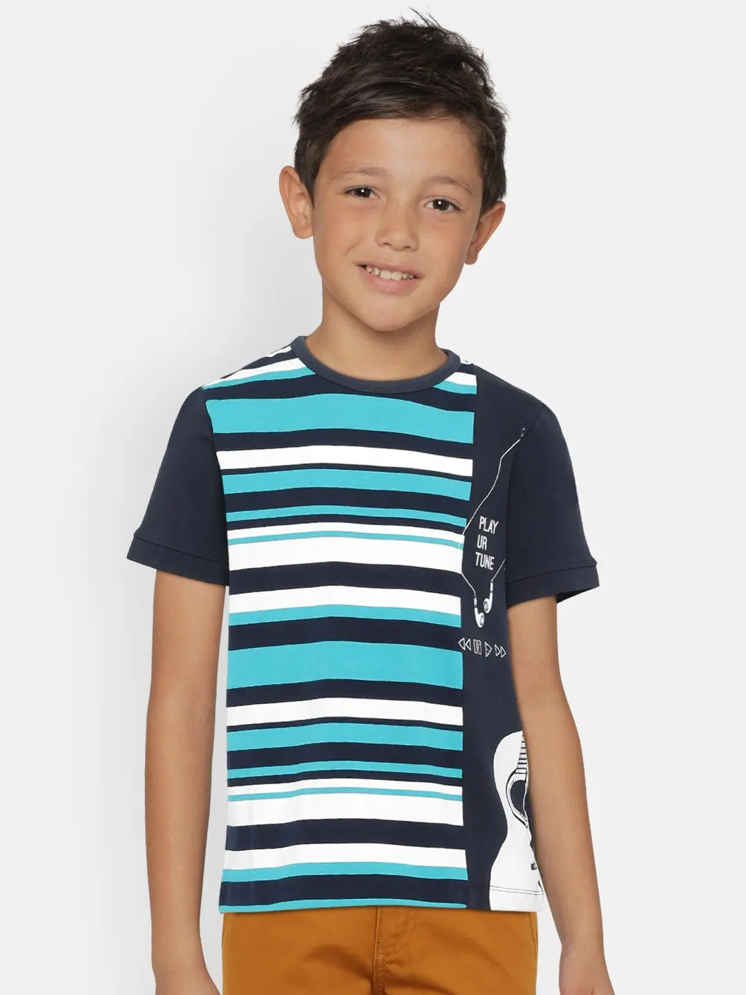 Boys Blue Striped Round Neck Cotton T-shirt freeshipping - Ladore