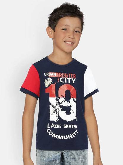 Boys Navy Blue Printed Round Neck Cotton T-shirt freeshipping - Ladore