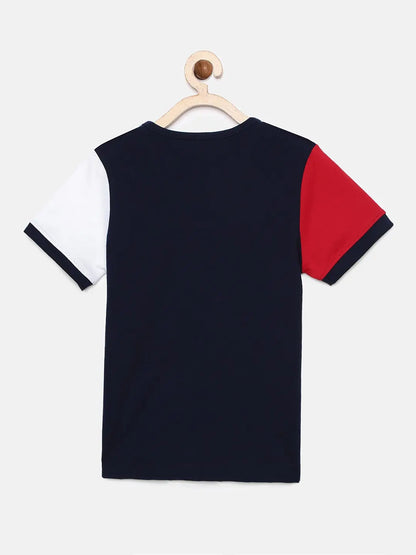 Boys Navy Blue Printed Round Neck Cotton T-shirt freeshipping - Ladore