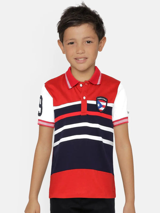 Boys Red Striped Polo Mercerised Cotton T-shirt freeshipping - Ladore