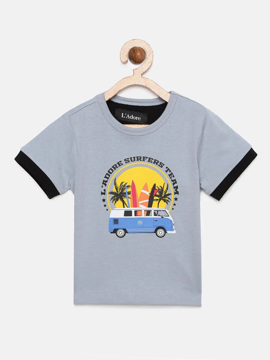 Grey Surfer Printed Round Neck Cotton T-shirt freeshipping - Ladore