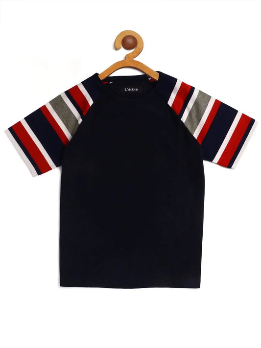 Kids Black Colourblocked Round Neck Cotton T-shirt freeshipping - Ladore